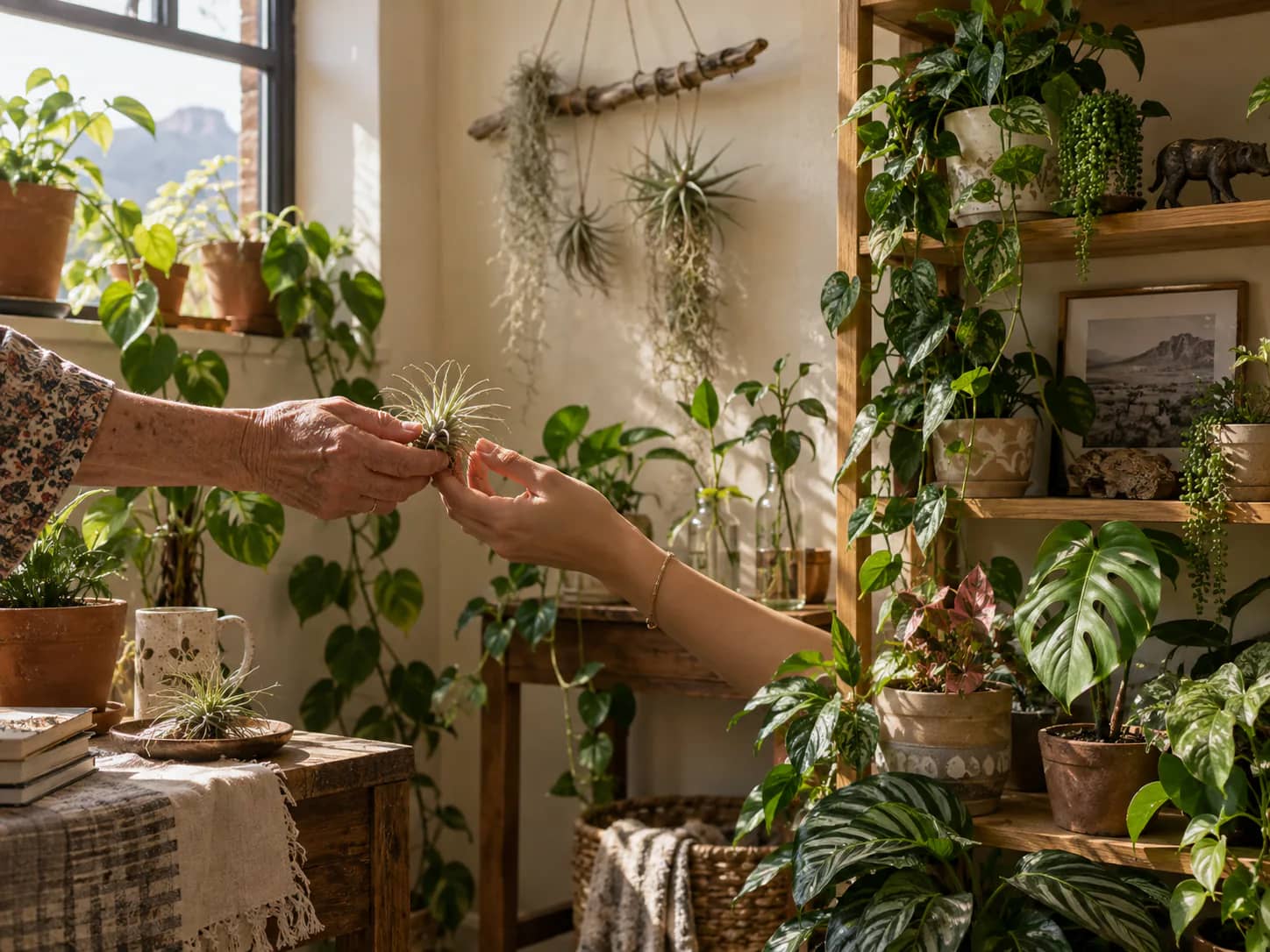 Two generations sharing the care of a growing house plant and air plant collection